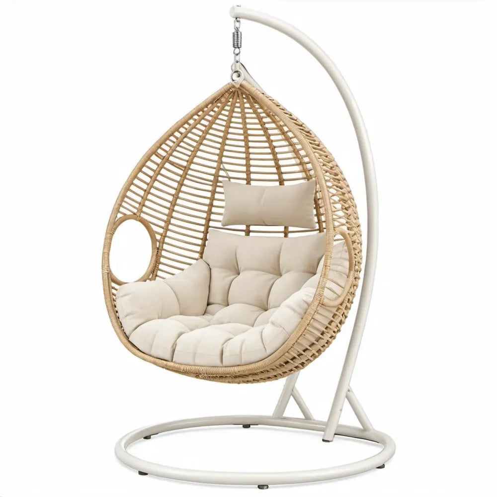 Eivormige hangstoel met standaard van PE-rattan, beige/crème/wit, 105 x 105 x 195 cm