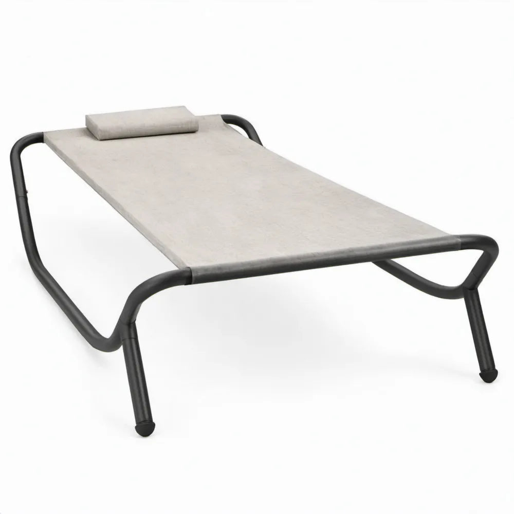 Beige ligbed met hoofdkussen, zwart stalen frame, 195 x 70 x 35 cm