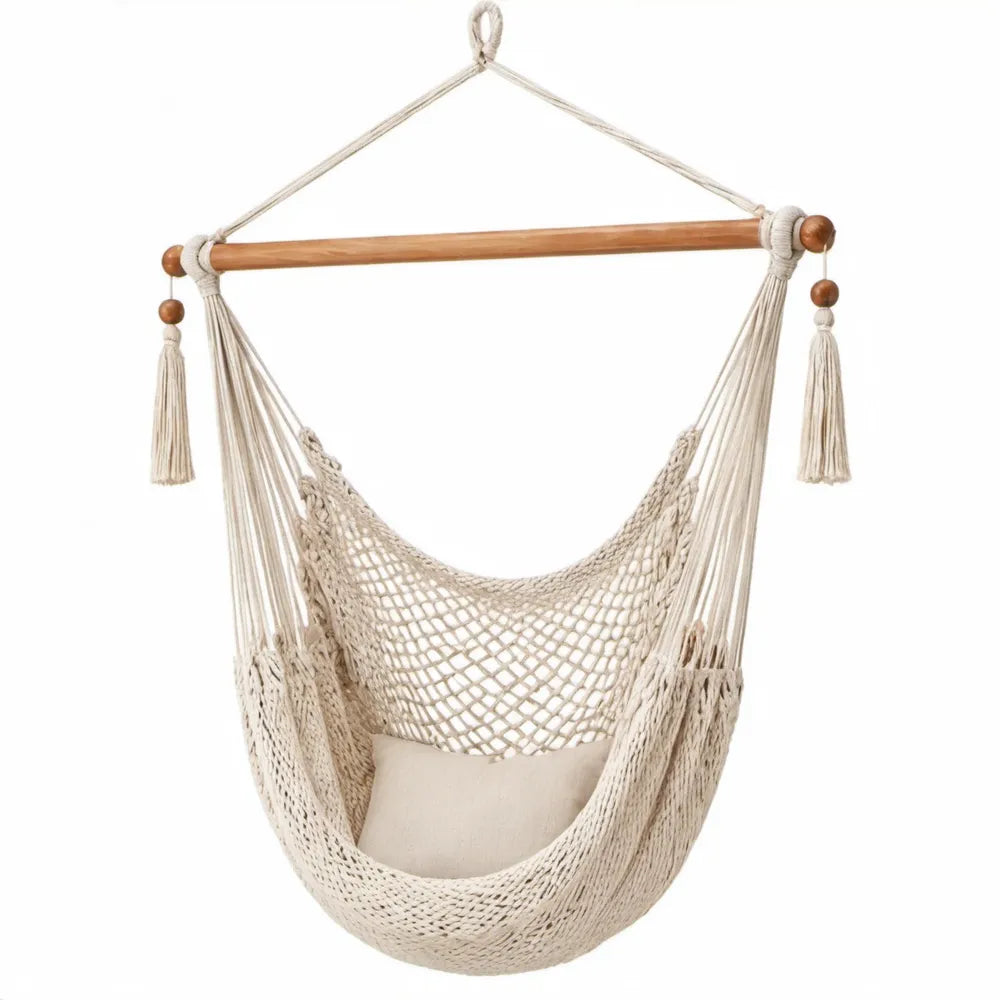 Katoenen hangstoel met houten spreidstok 100 cm – Crème/Bruin