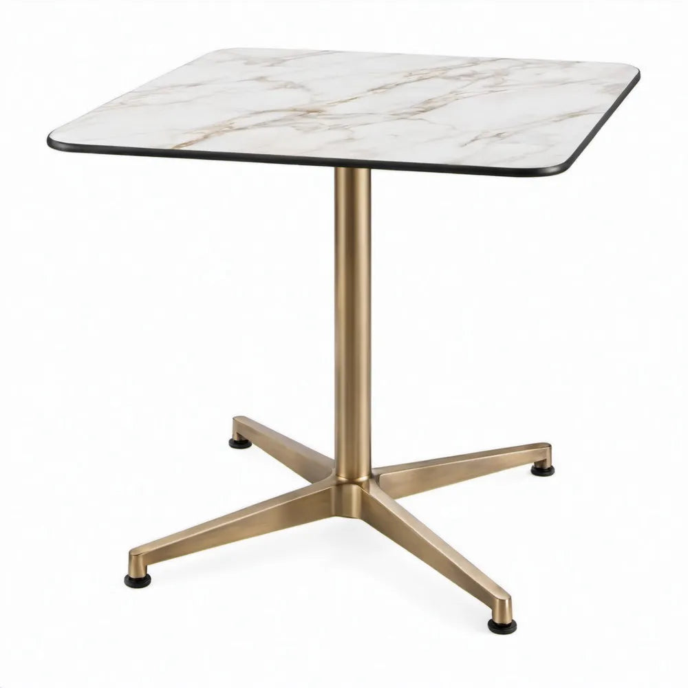 Vierkante tuintafel 70 x 70 x 75 cm met wit keramisch blad in marmerlook en goudkleurig aluminium onderstel