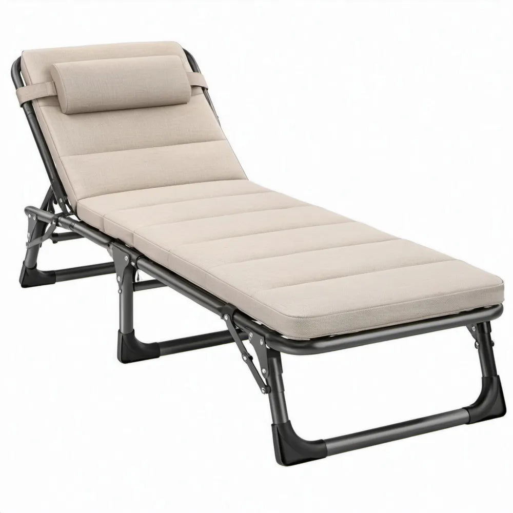 Opvouwbaar ligbed met verstelbare rugleuning en hoofdsteun, 190 x 60 x 30 cm, Beige/Zwart