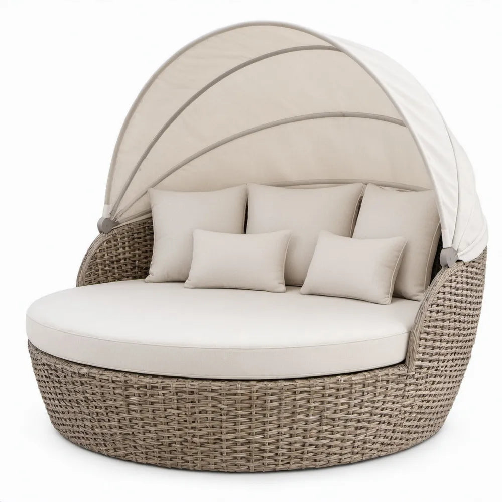 Rond buitenligbed voor 2 personen met opklapbaar zonnedak, 180 x 160 x 150 cm, beige en grijsbruin