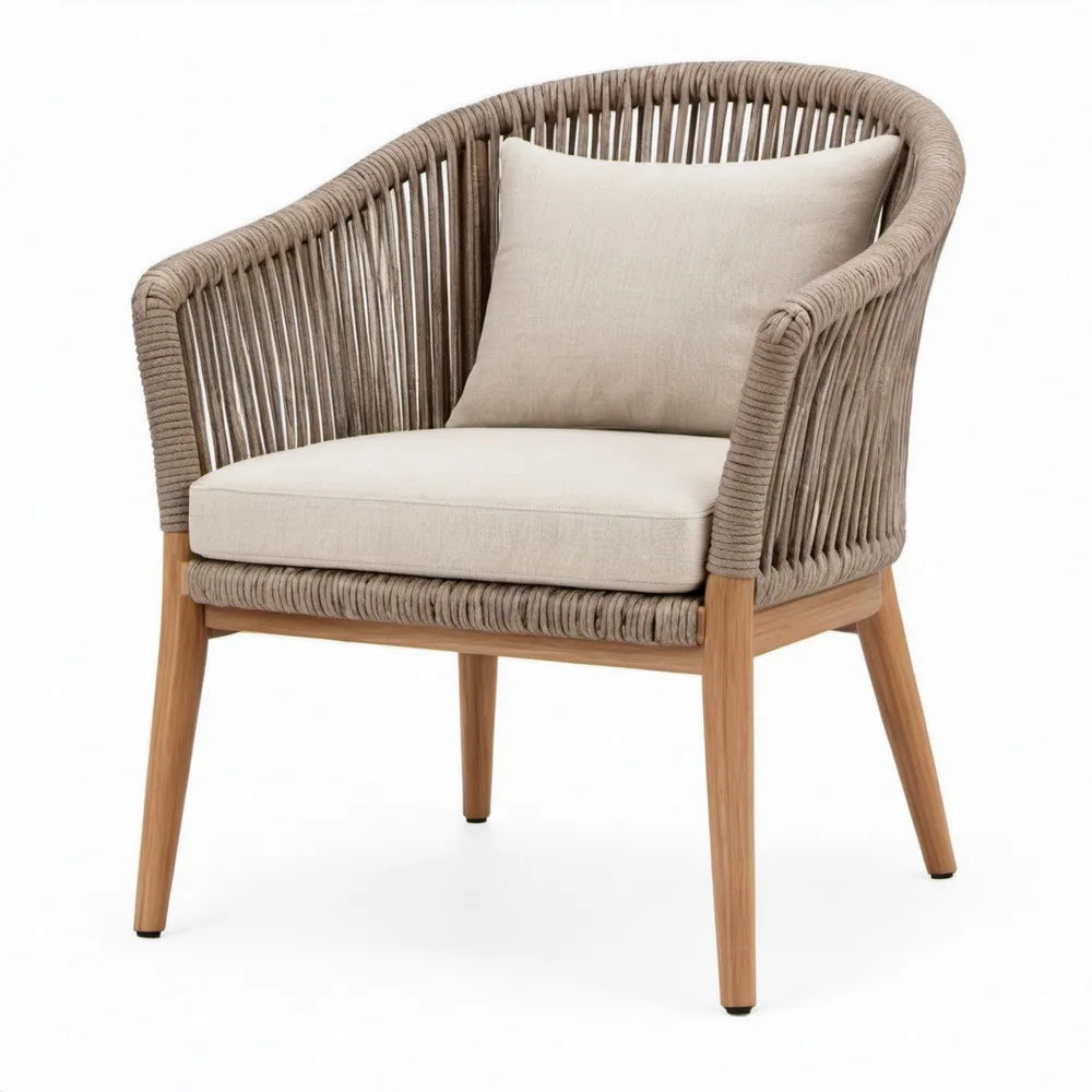 Ronde tuinstoel met armleuningen en kussens, 76 x 72 x 82 cm, Beige/Taupe/Naturel Bruin