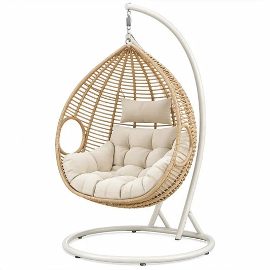 Eivormige hangstoel met standaard van PE-rattan, beige/crème/wit, 105 x 105 x 195 cm