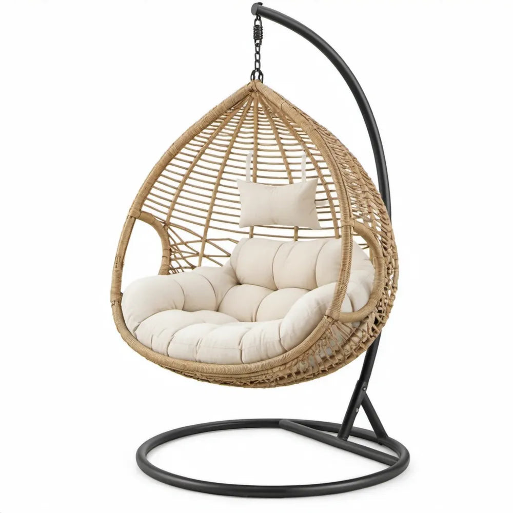 Eivormige hangstoel met standaard van PE-rattan, beige/zwart, 105 x 105 x 195 cm