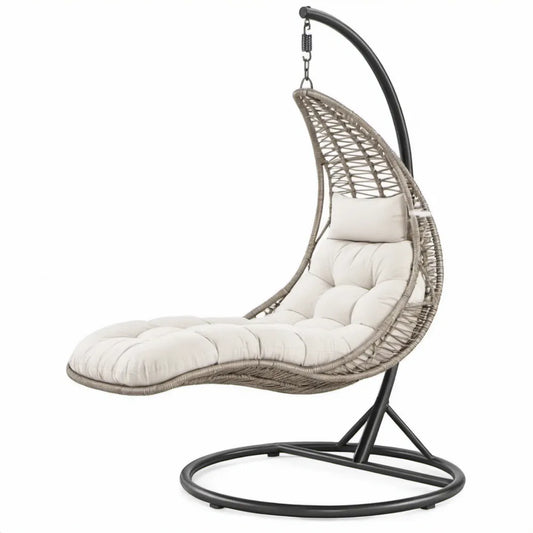 Hangstoel met standaard 100 x 100 x 200 cm – Grijs PE-vlechtwerk, Zwart Staal en Witte Kussens