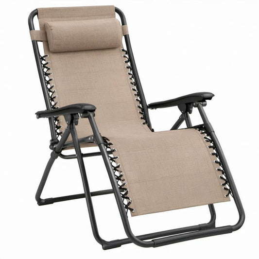 Inklapbare zwaartekrachtloze ligstoel 165 x 65 x 110 cm beige met zwart stalen frame en Textilene bekleding