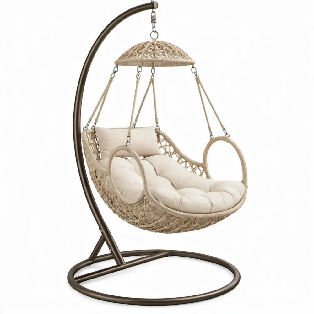 Beige hangstoel met donkerbruin stalen standaardframe, 105 x 105 x 195 cm