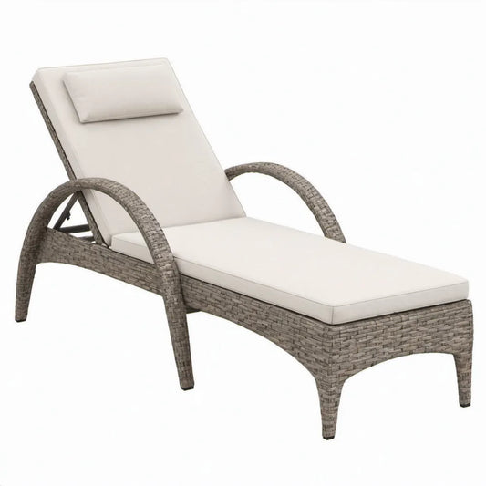 Verstelbaar PE-rotan ligbed met crèmekleurig polyester kussen, 200 x 70 x 35 cm
