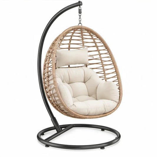 Ovale hangstoel met standaard 95 x 95 x 195 cm - Zwart/Naturel/Crème
