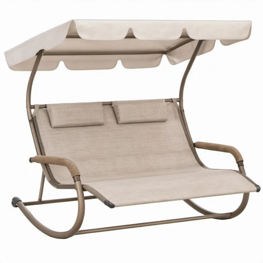Beige en taupe schommelbed voor 2 personen met zonnescherm, 170 x 120 x 160 cm