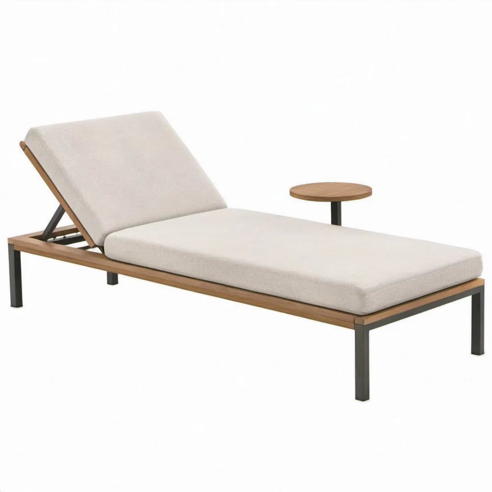 Beige ligbed met verstelbare rugleuning en bijzettafel, 200 x 75 x 35 cm, teakhout en aluminium
