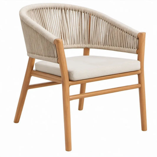 Acaciahouten stoel met armleuningen, beige PE-koord en zitkussen – 70 x 65 x 75 cm