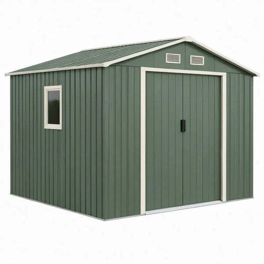 Metalen tuinhuis groen/wit met dubbele deur, raam en ventilatie – 257 x 205 x 202 cm