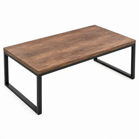 Rechthoekige tuintafel 120 x 60 x 45 cm van bruin massief acaciahout met zwart gepoedercoat stalen onderstel
