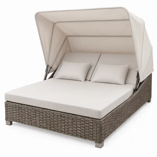 Tweepersoons ligbed met opklapbare luifel, 200 x 140 x 200 cm, taupe en grijsbruin
