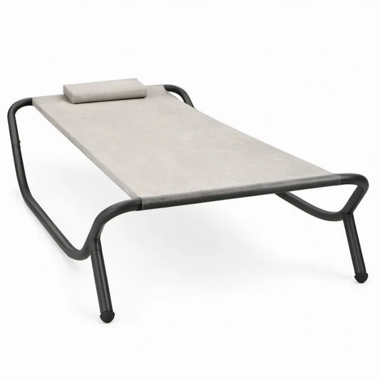 Beige ligbed met hoofdkussen, zwart stalen frame, 195 x 70 x 35 cm