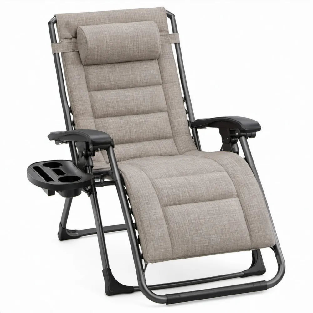 Verstelbare ligstoel met hoofdsteun en bekerhouder – Taupe/Zwart – 165 x 65 x 110 cm