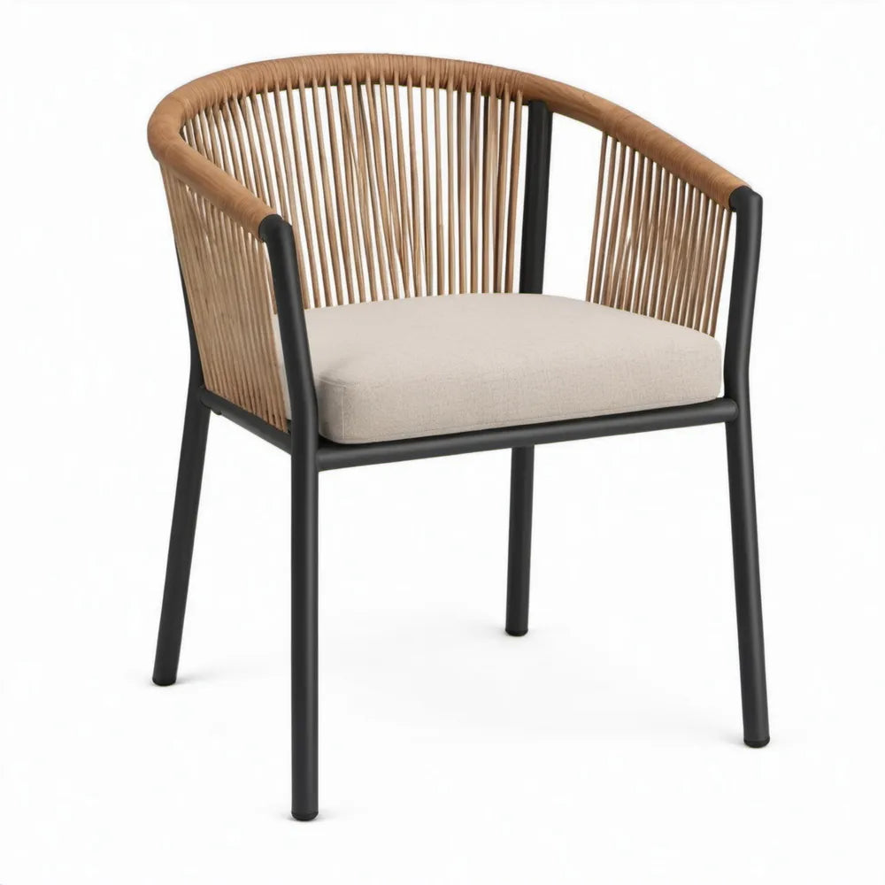 Terrasstoel met armleuningen en zitkussen, 56 x 60 x 78 cm, Zwart/Naturel bruin/Beige