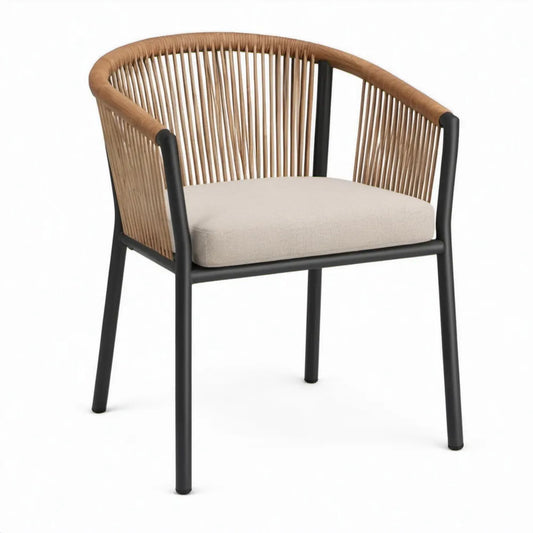 Terrasstoel met armleuningen en zitkussen, 56 x 60 x 78 cm, Zwart/Naturel bruin/Beige