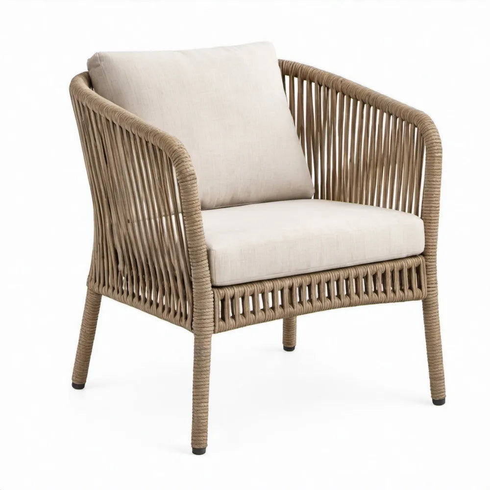 Terrasstoel met armleuningen, taupekleurig PE-rotan met crèmekleurige kussens, 70 x 75 x 78 cm