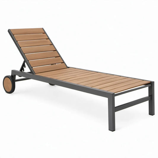 Ligbed met verstelbare rugleuning en wielen, 200 x 65 x 30 cm, bruin/antraciet, aluminium en WPC