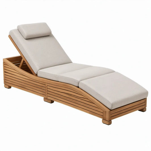 Ligbed van massief hout met verstelbare rugleuning en beige polyester kussens, 200 x 70 cm