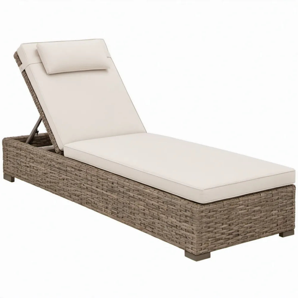 Ligbed met verstelbare rugleuning, taupe PE-vlechtwerk en crèmekleurige kussens, 200 x 65 x 35 cm