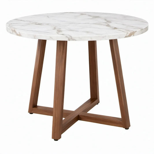 Ronde tuintafel Ø120 x 75 cm met wit marmerlook keramisch blad en acaciahouten onderstel