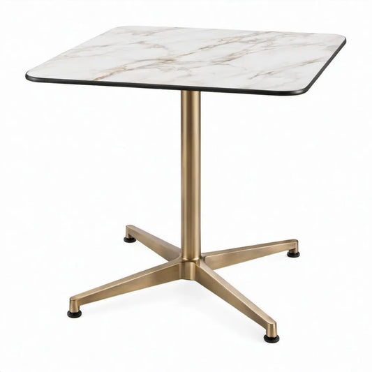 Vierkante tuintafel 70 x 70 x 75 cm met wit keramisch blad in marmerlook en goudkleurig aluminium onderstel