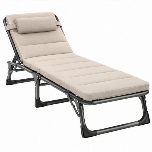 Opvouwbaar ligbed met verstelbare rugleuning en hoofdsteun, 190 x 60 x 30 cm, Beige/Zwart
