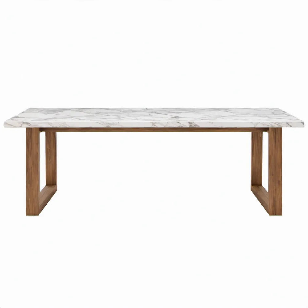Rechthoekige tuintafel 200 x 100 x 75 cm van teakhout en keramiek met marmerpatroon Wit/Grijs/Bruin