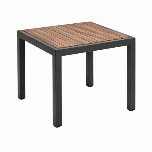 Vierkante tuintafel 90 x 90 x 75 cm van zwart aluminium met bruin acaciahouten blad
