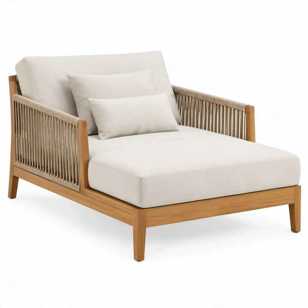 Ligbed van acaciahout met gevlochten touw, crèmewit en naturelbruin, 130 x 90 x 75 cm