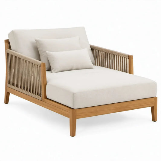 Ligbed van acaciahout met gevlochten touw, crèmewit en naturelbruin, 130 x 90 x 75 cm