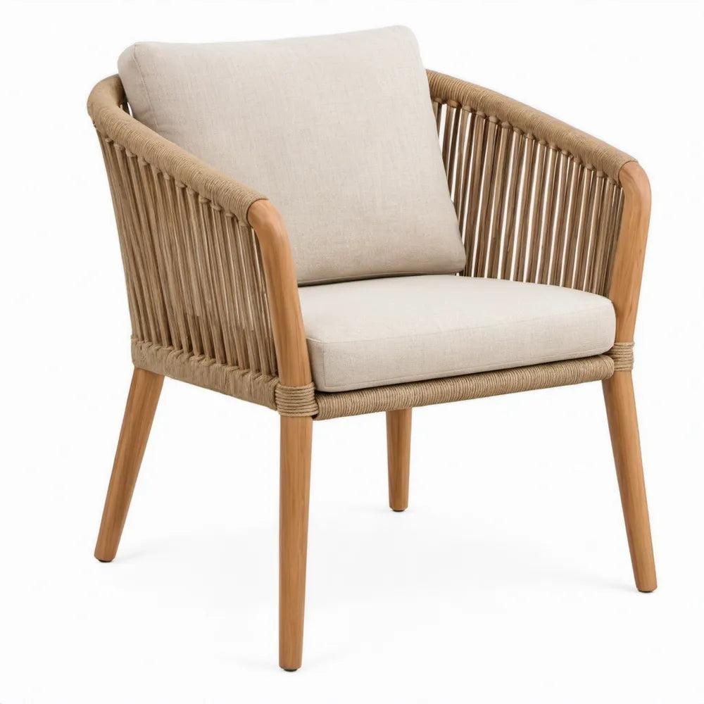 Loungestoel met armleuningen 68 x 72 x 78 cm – Acaciahout, taupe touw en beige kussens