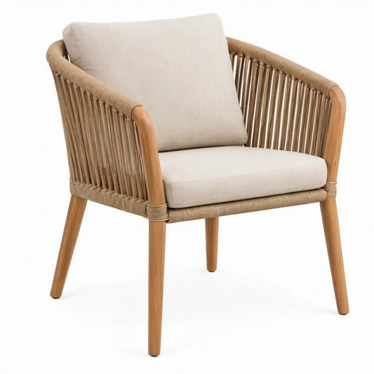 Loungestoel met armleuningen 68 x 72 x 78 cm – Acaciahout, taupe touw en beige kussens