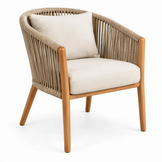 Tuinstoel met armleuningen van acaciahout en gevlochten touw, naturelbruin/taupe/gebroken wit, 68 x 65 x 78 cm